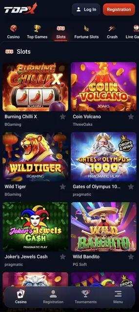 Categoría de tragamonedas con títulos de BGaming y Pragmatic Play en el sitio de TopX